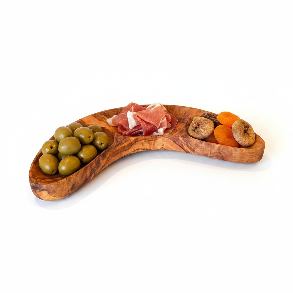Olive Wood 3-Section Serving Bowl | Wooden Charcuterie Platter & Snack Dish 30cm