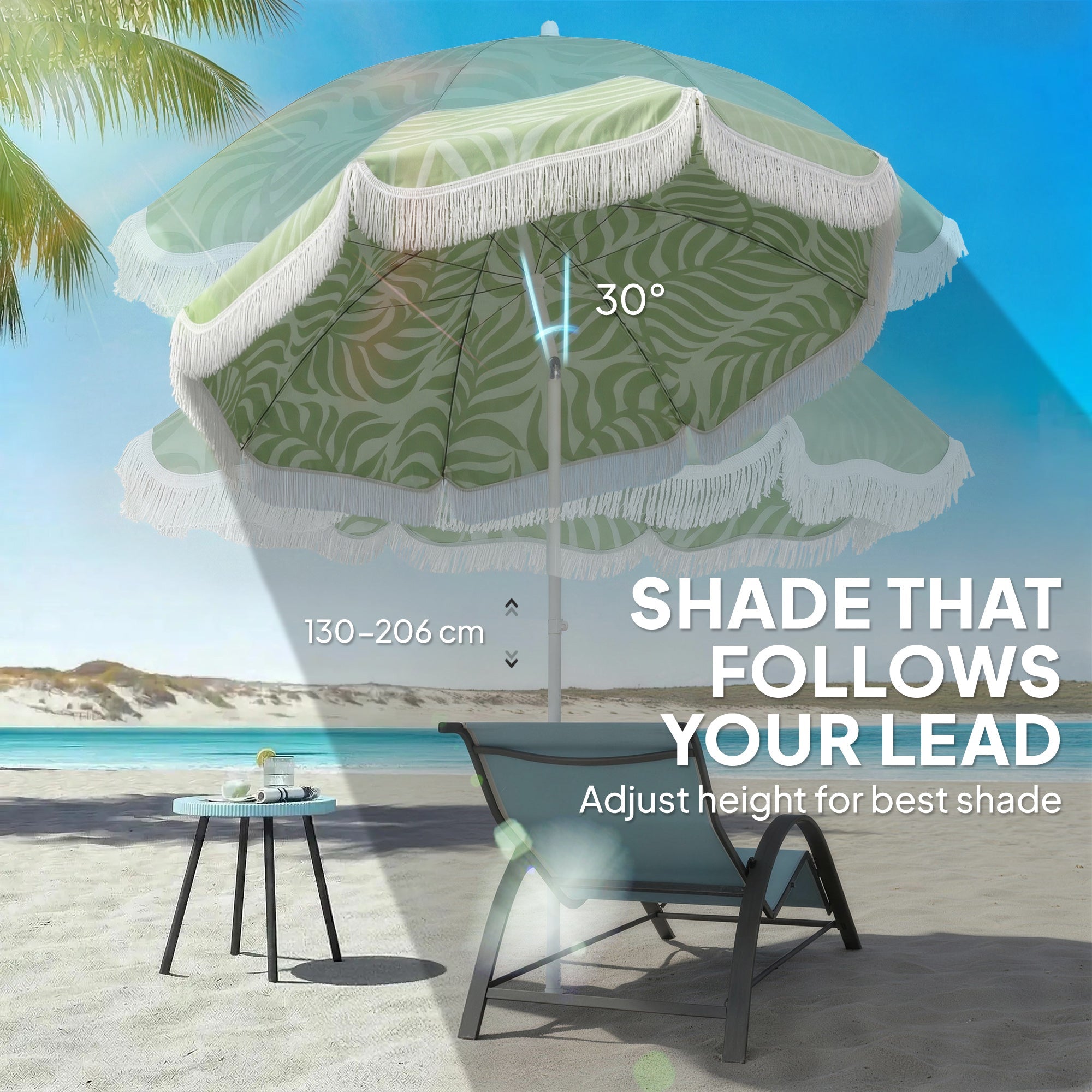 Outsunny 1.8 m Beach Umbrella Parasol with Sand Anchor, Portable Tilting Garden Parasol with Adjustable Height, Green