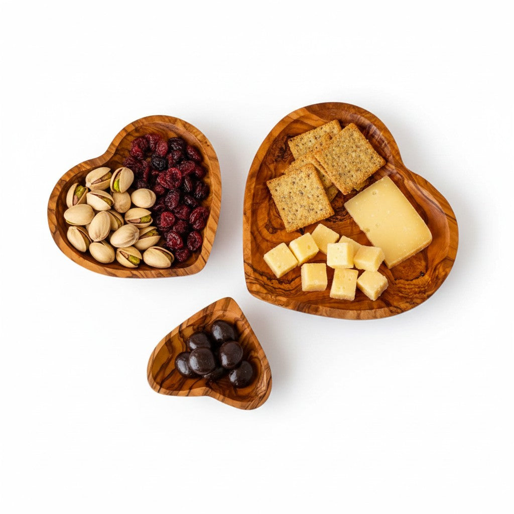 Olive Wood Heart Shaped Serving dish| 11cm 16cm 19cm Individual or 3-Piece Set