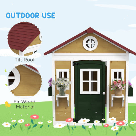 Outsunny Wooden Playhouse with Doors, Windows, Plant Pots, Boxes, for 3-8 Years - Beige
