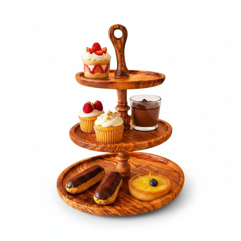 Handmade 3-Tier Olive Wood Serving Stand - Afternoon Tea & Cake Platter