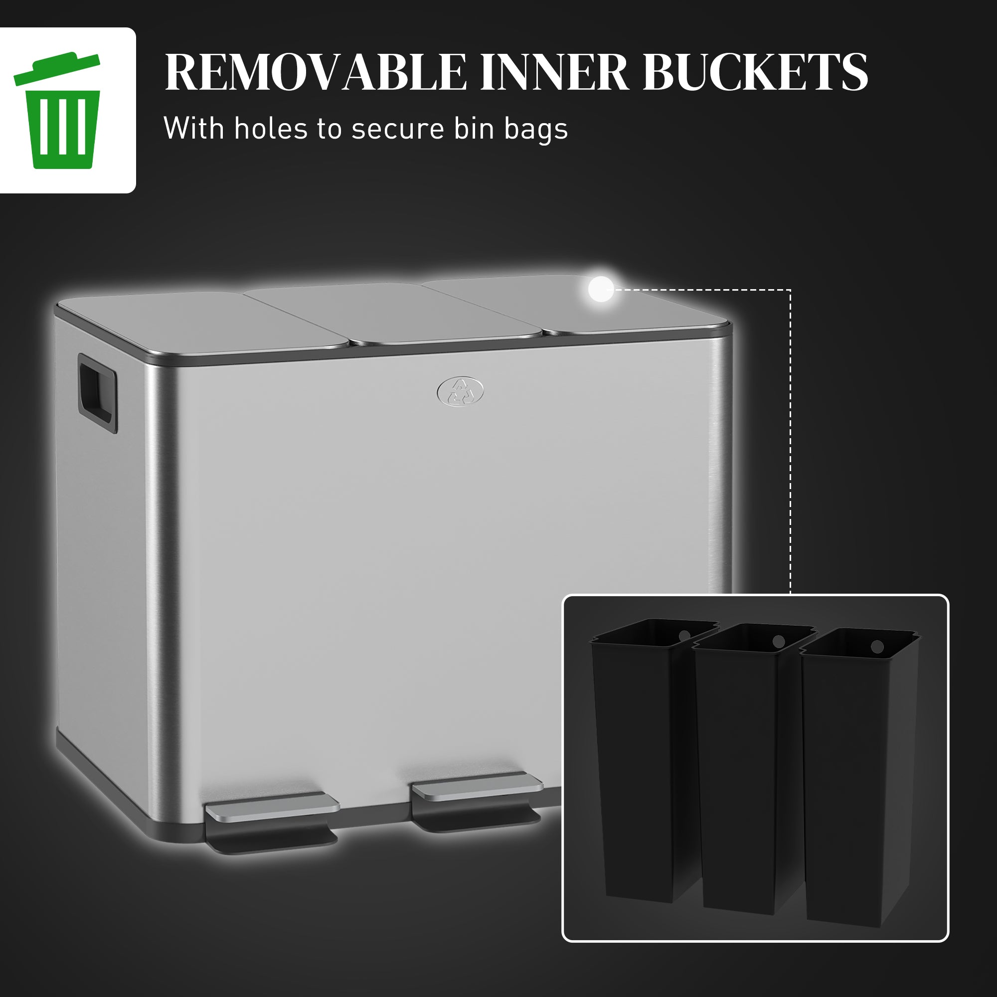 HOMCOM 3 x 20L Pedal Bin, Steel Triple Kitchen Bin with Soft Close Lid, Removable Inner Buckets, Fingerprint-Proof, Silver Tone