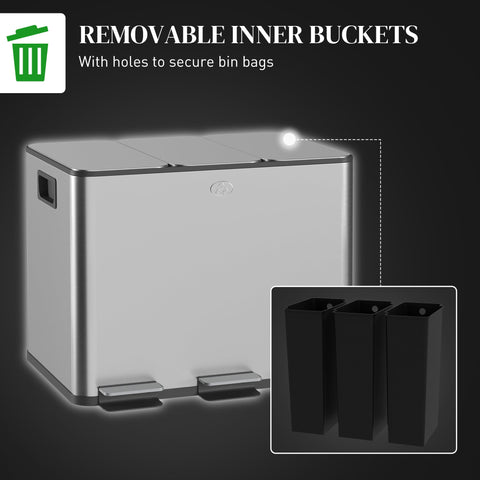 HOMCOM 3 x 20L Pedal Bin, Steel Triple Kitchen Bin with Soft Close Lid, Removable Inner Buckets, Fingerprint-Proof, Silver Tone