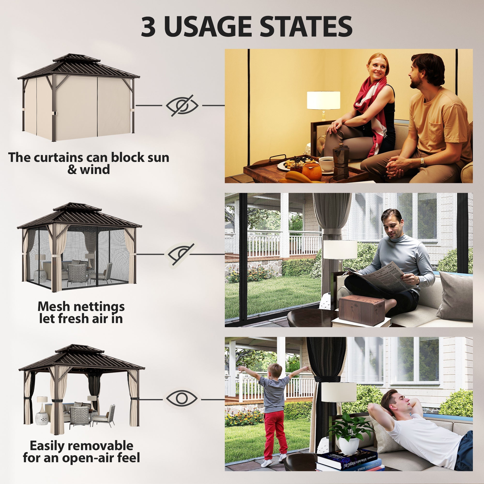 Outsunny 3x3.6 m Hardtop Gazebo Canopy with UPF50+ Double Galvanised Steel Roof, Aluminium Garden Gazebo Permanent Pavilion, Brown