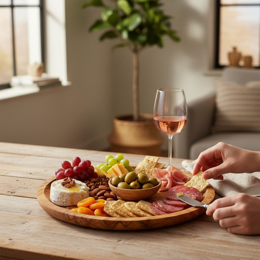 Olive Wood Round Serving Plates Set | 21cm 25cm 28cm Charcuterie Platter Dishes
