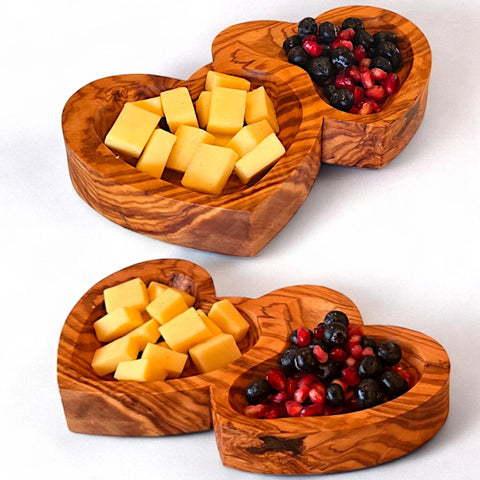 Handcrafted Olive Wood Double Heart Serving Bowl - 21cm 2-Compartment Tray
