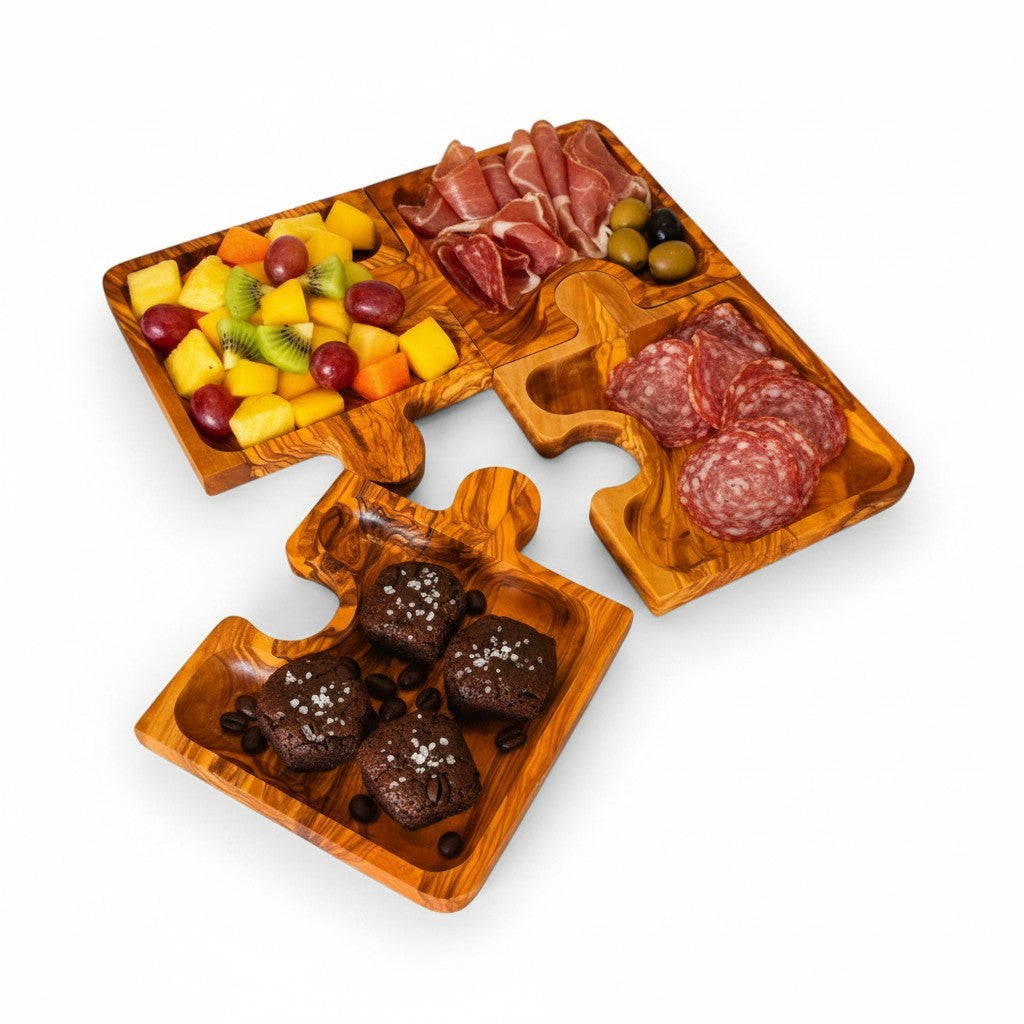 Olive Wood Puzzle Serving Set 4pc | Interlocking Jigsaw Charcuterie Board Tray