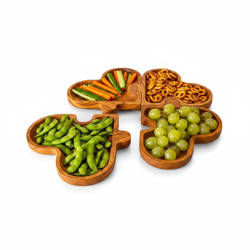 Olive Wood Puzzle Serving Set 4pc | Interlocking Clover Charcuterie Board Tray