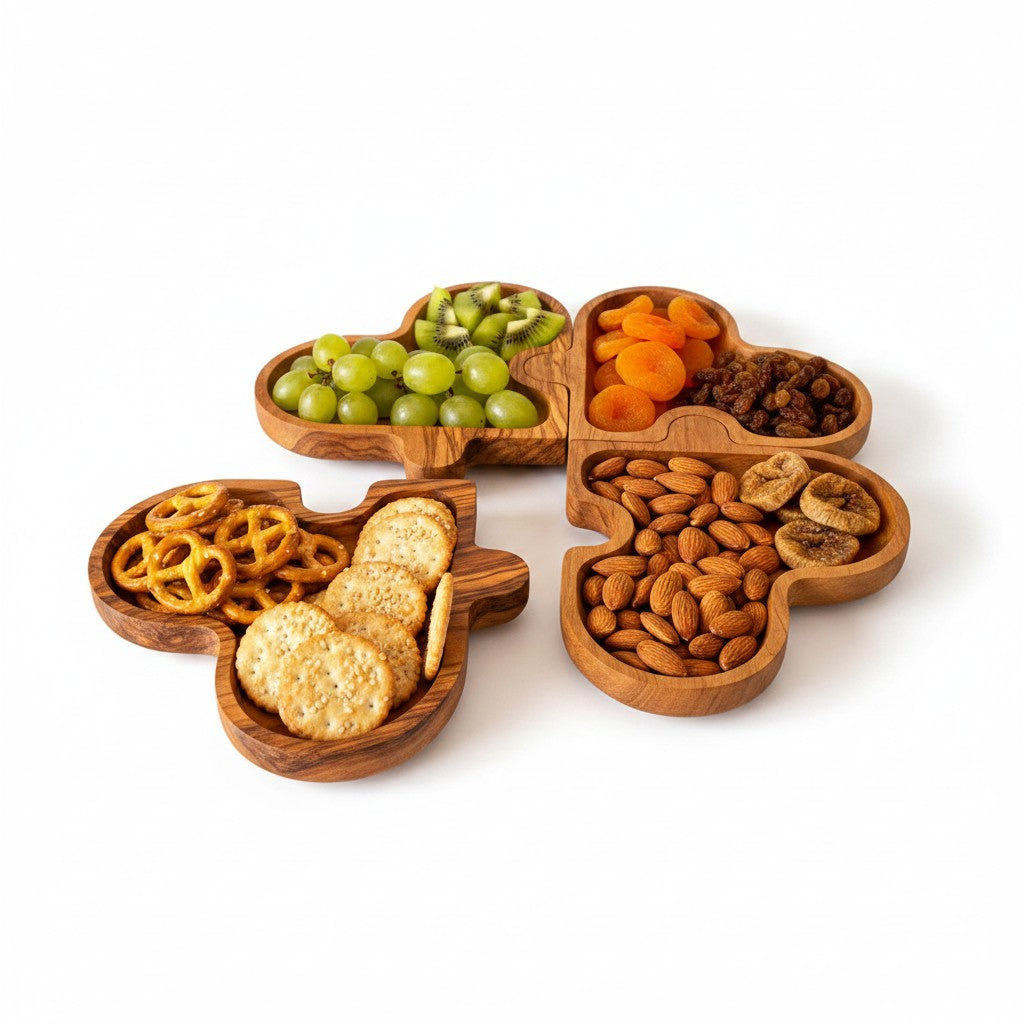 Olive Wood Puzzle Serving Set 4pc | Interlocking Clover Charcuterie Board Tray