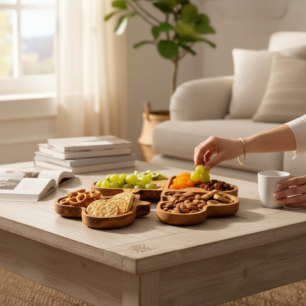 Olive Wood Puzzle Serving Set 4pc | Interlocking Clover Charcuterie Board Tray