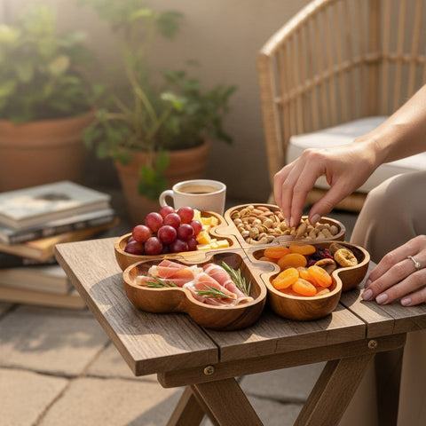 Olive Wood Puzzle Serving Set 4pc | Interlocking Clover Charcuterie Board Tray