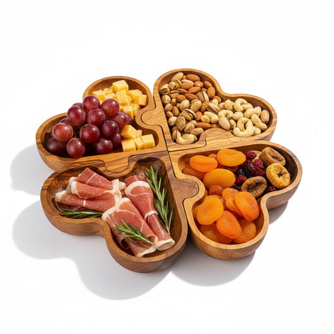 Olive Wood Puzzle Serving Set 4pc | Interlocking Clover Charcuterie Board Tray