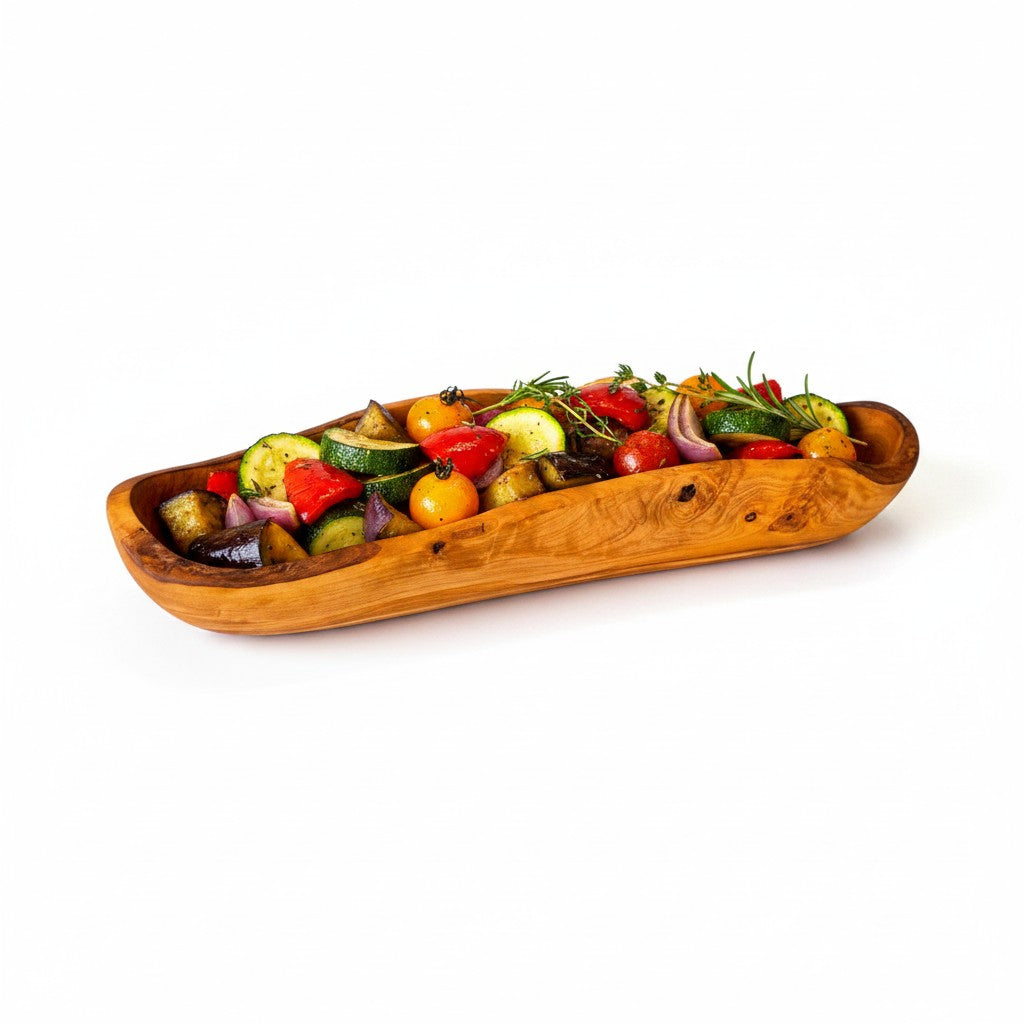 Olive Wood Boat Shaped Serving Bowl | Rustic Wooden Salad & Fruit Platter