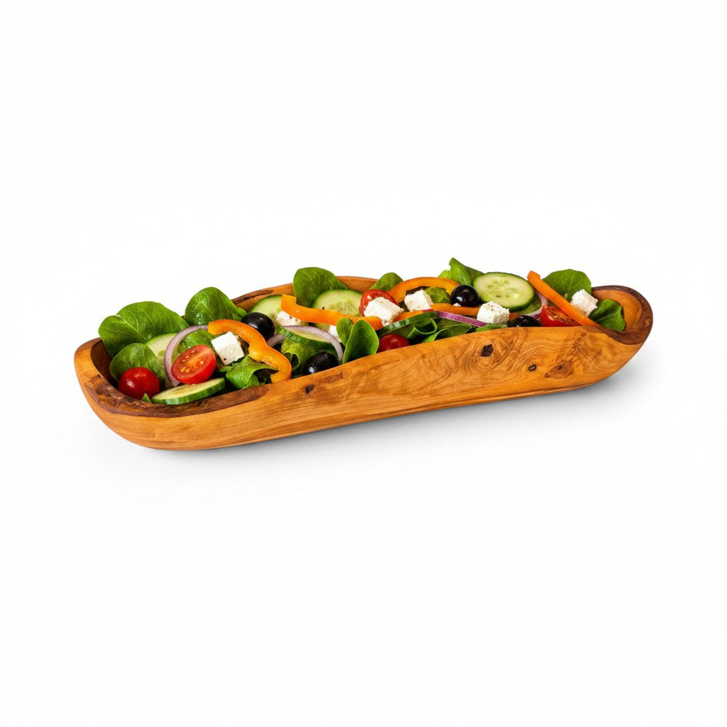 Olive Wood Boat Shaped Serving Bowl | Rustic Wooden Salad & Fruit Platter