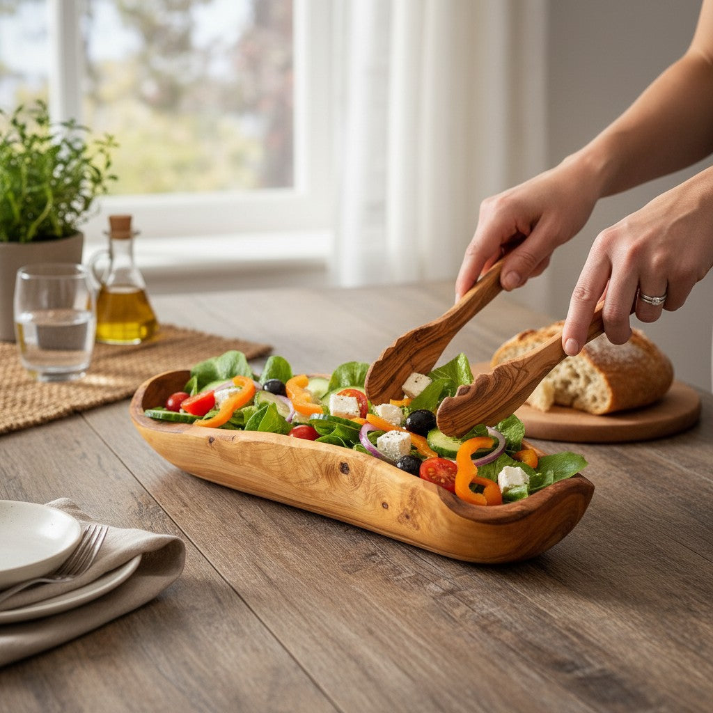 Olive Wood Boat Shaped Serving Bowl | Rustic Wooden Salad & Fruit Platter