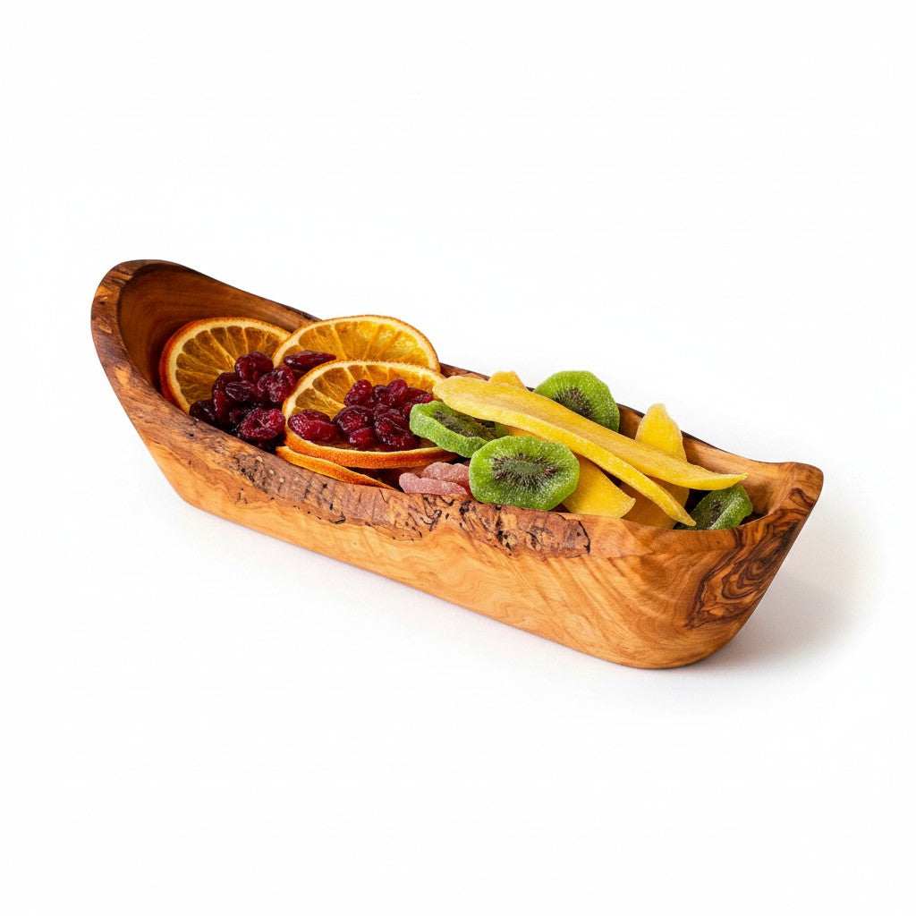 Olive Wood Boat Shaped Serving Bowl | Rustic Wooden Salad & Fruit Platter