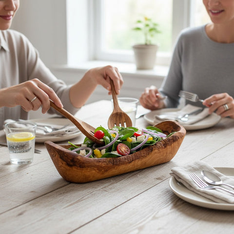 Olive Wood Boat Shaped Serving Bowl | Rustic Wooden Salad & Fruit Platter