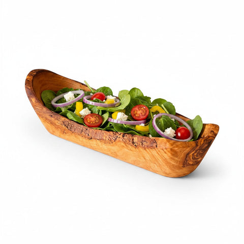 Olive Wood Boat Shaped Serving Bowl | Rustic Wooden Salad & Fruit Platter