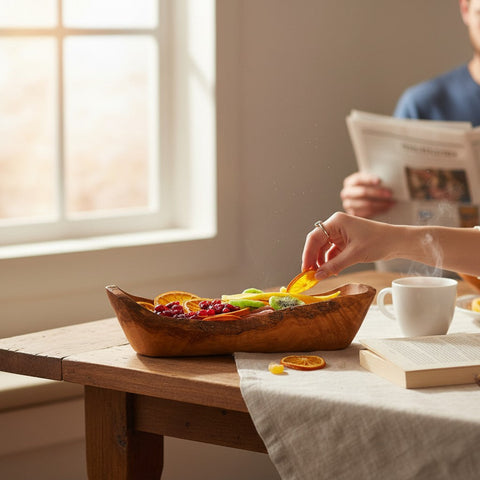 Olive Wood Boat Shaped Serving Bowl | Rustic Wooden Salad & Fruit Platter