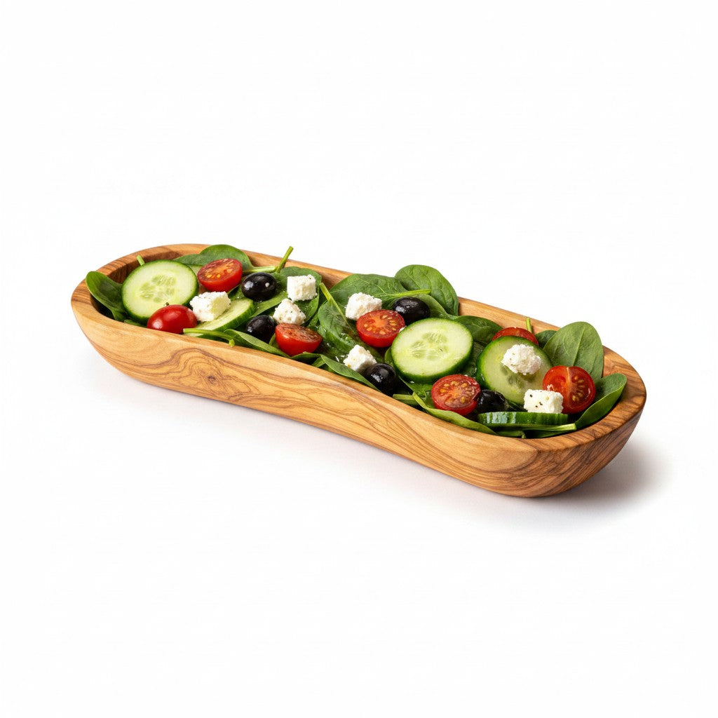 Olive Wood Boat Shaped Serving Bowl | Rustic Wooden Salad & Fruit Platter