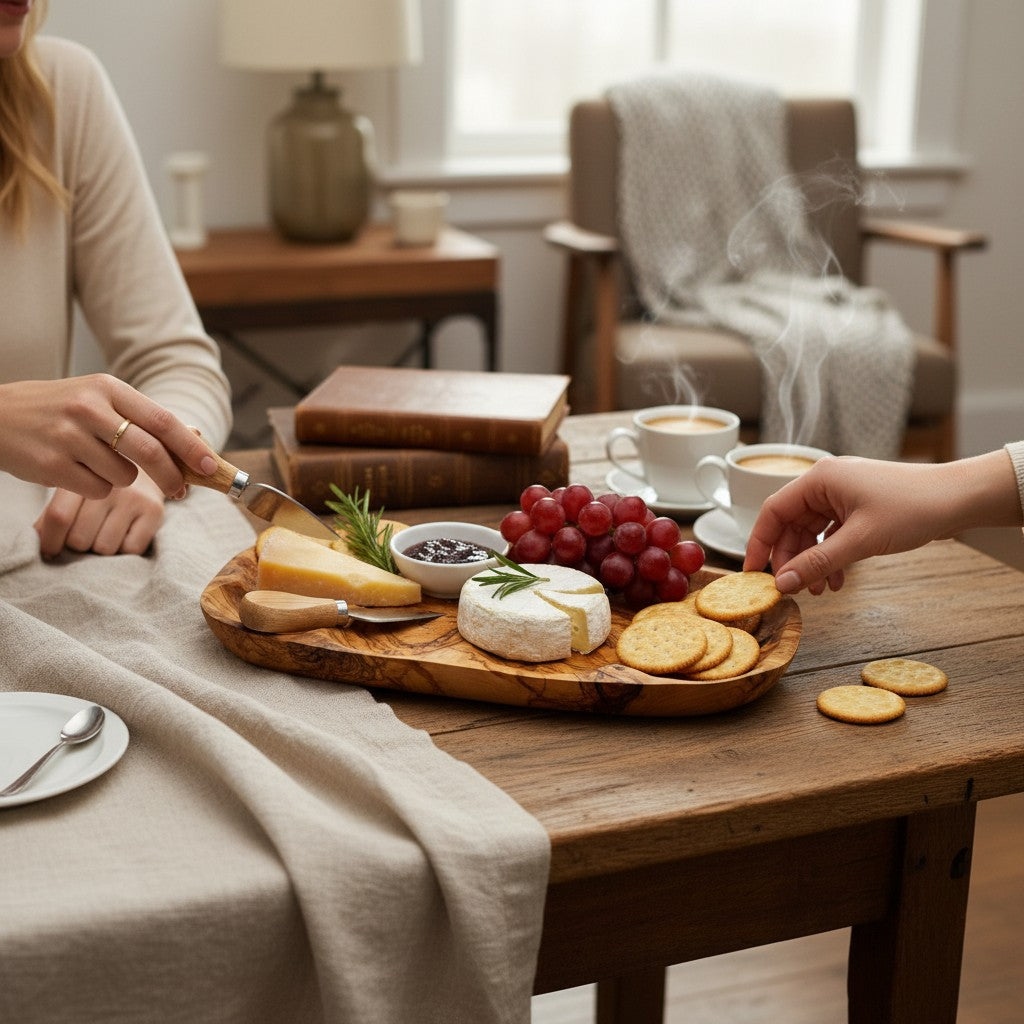 Olive Wood Divided Serving Platter | Multi Section Charcuterie Board Snack Tray