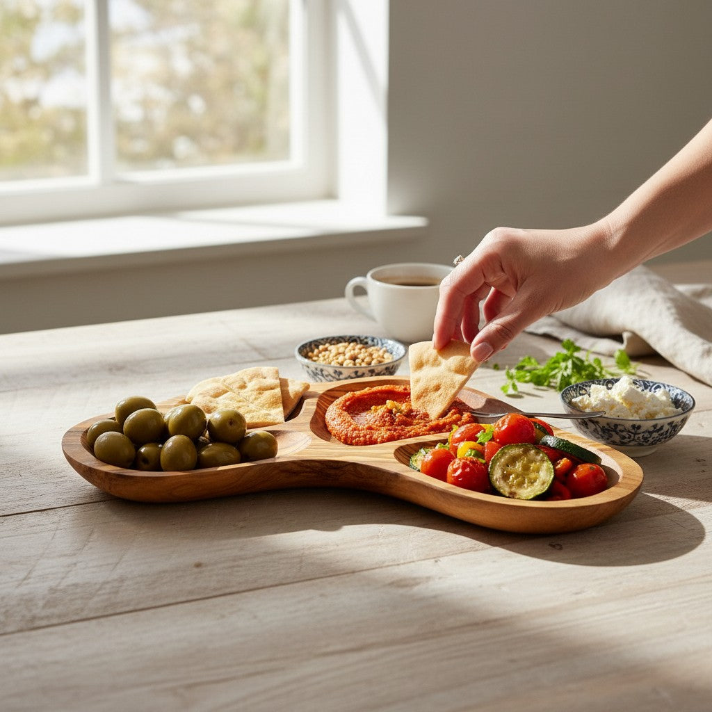Olive Wood Divided Serving Platter | Multi Section Charcuterie Board Snack Tray
