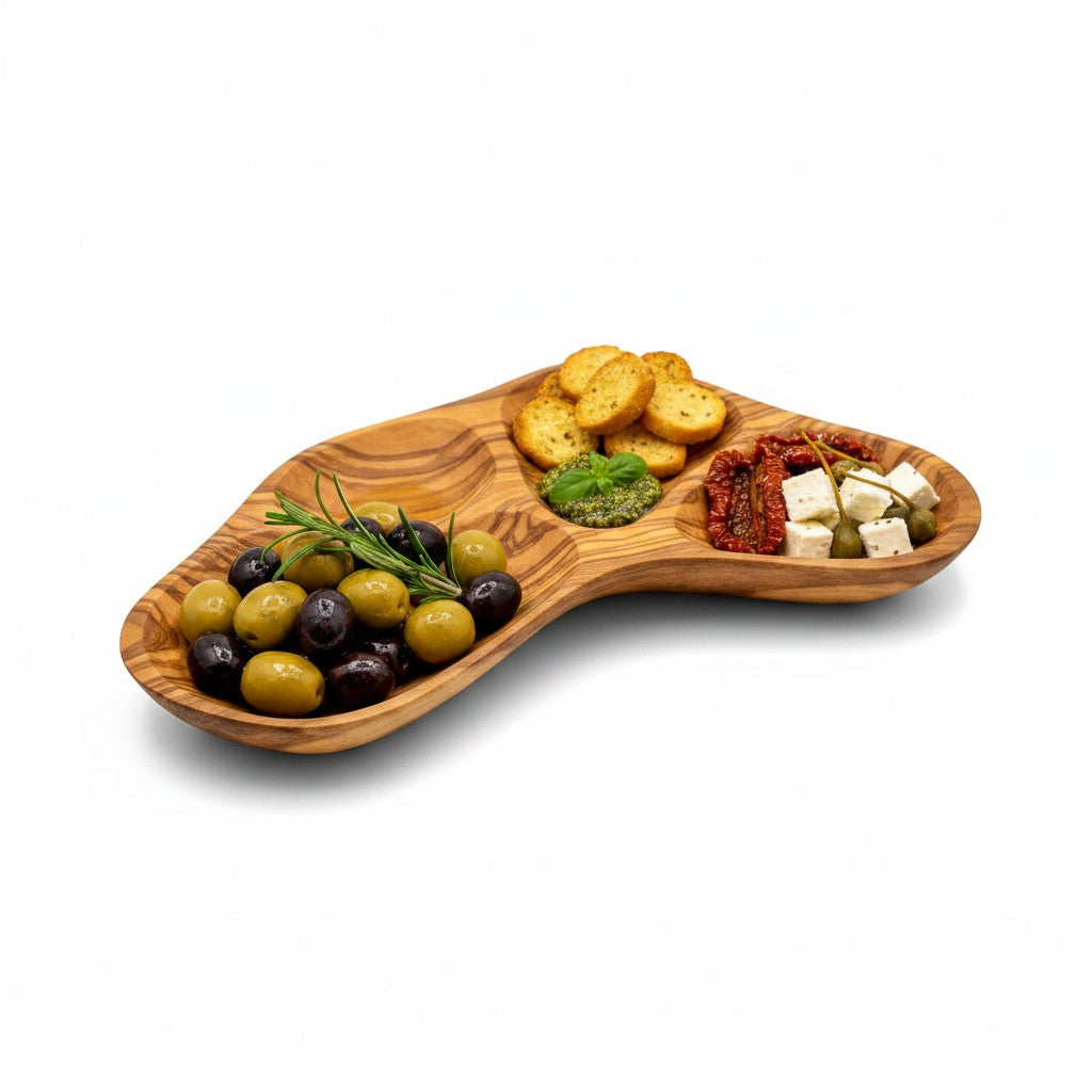 Olive Wood Divided Serving Platter | Multi Section Charcuterie Board Snack Tray