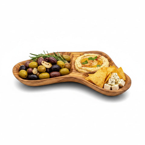 Olive Wood Divided Serving Platter | Multi Section Charcuterie Board Snack Tray