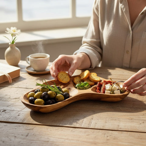 Olive Wood Divided Serving Platter | Multi Section Charcuterie Board Snack Tray