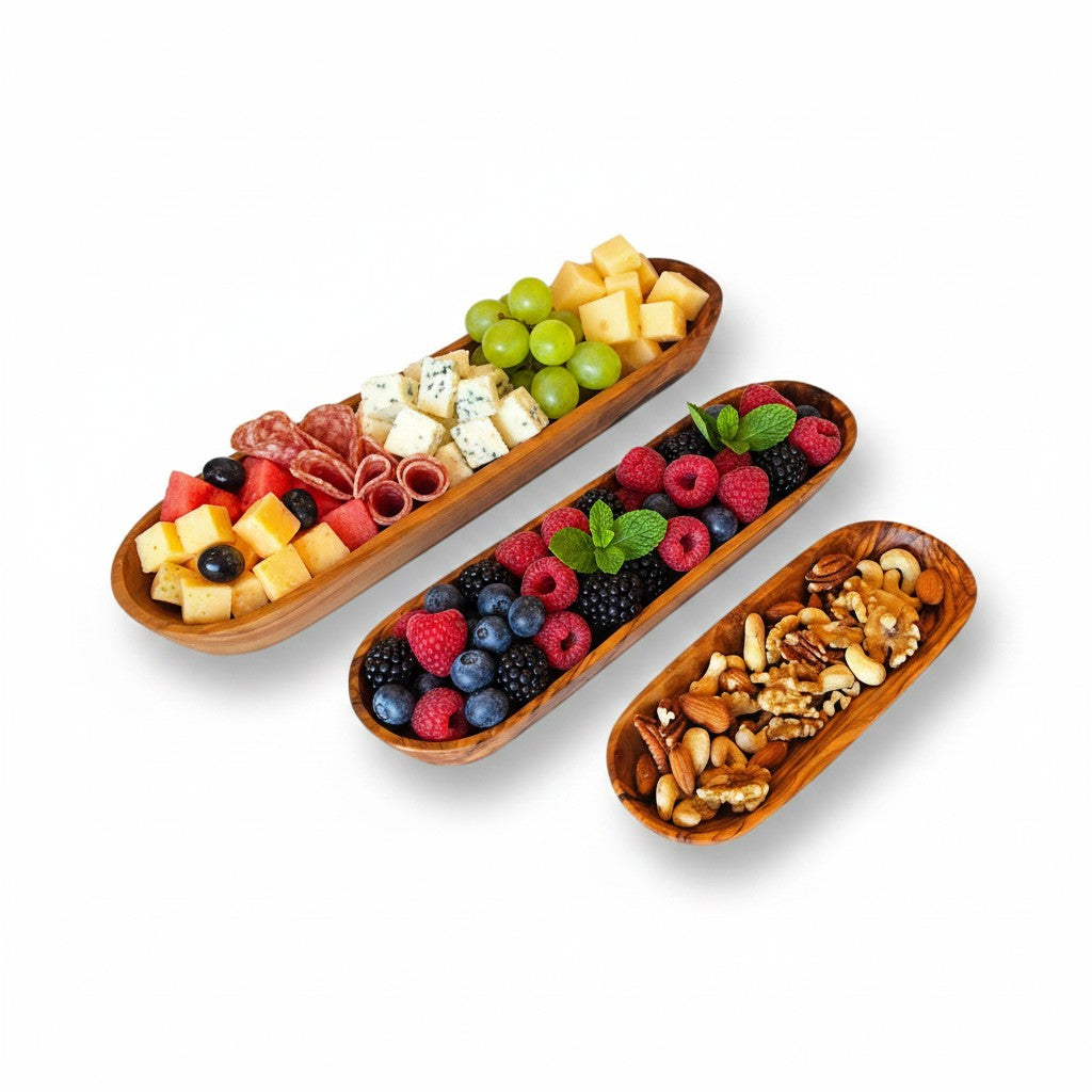 Handcrafted Olive Wood Boat Serving Trays - Individual or Nesting Platter Set