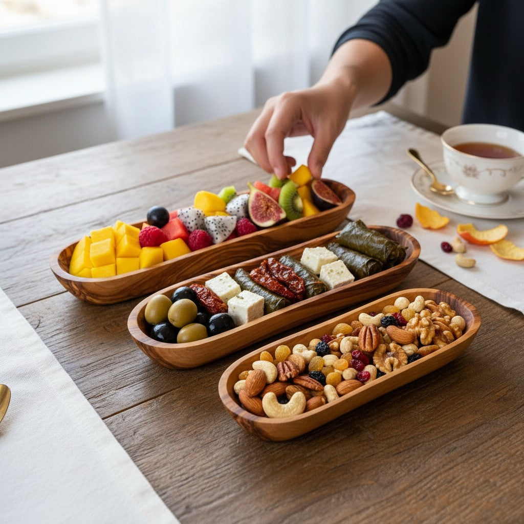 Handcrafted Olive Wood Boat Serving Trays - Individual or Nesting Platter Set