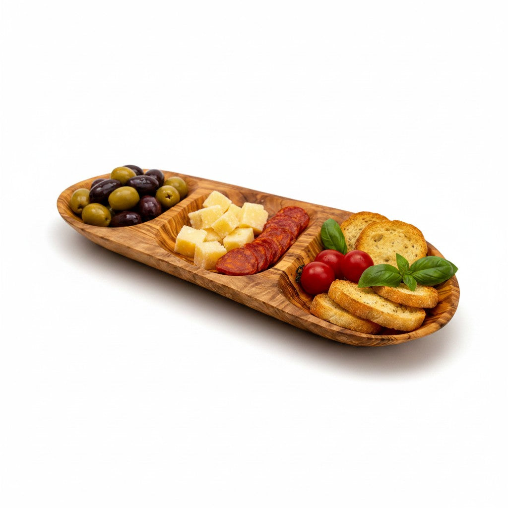 Handcrafted Olive Wood Sectional Serving Tray - 3 Compartment Party Platter