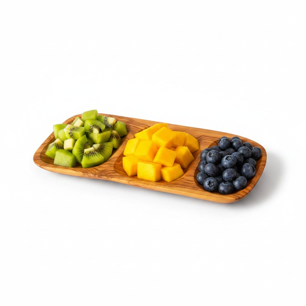 Handcrafted Olive Wood Sectional Serving Tray - 3 Compartment Party Platter