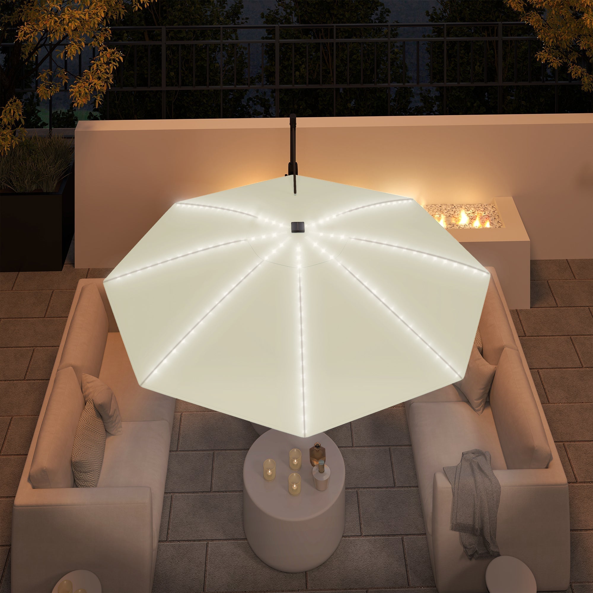 Outsunny 3(m) Cantilever Garden Parasol with Solar Powered Lights, Crank Handle & Cross Base, UPF 50+, 360° Rotation, Cream