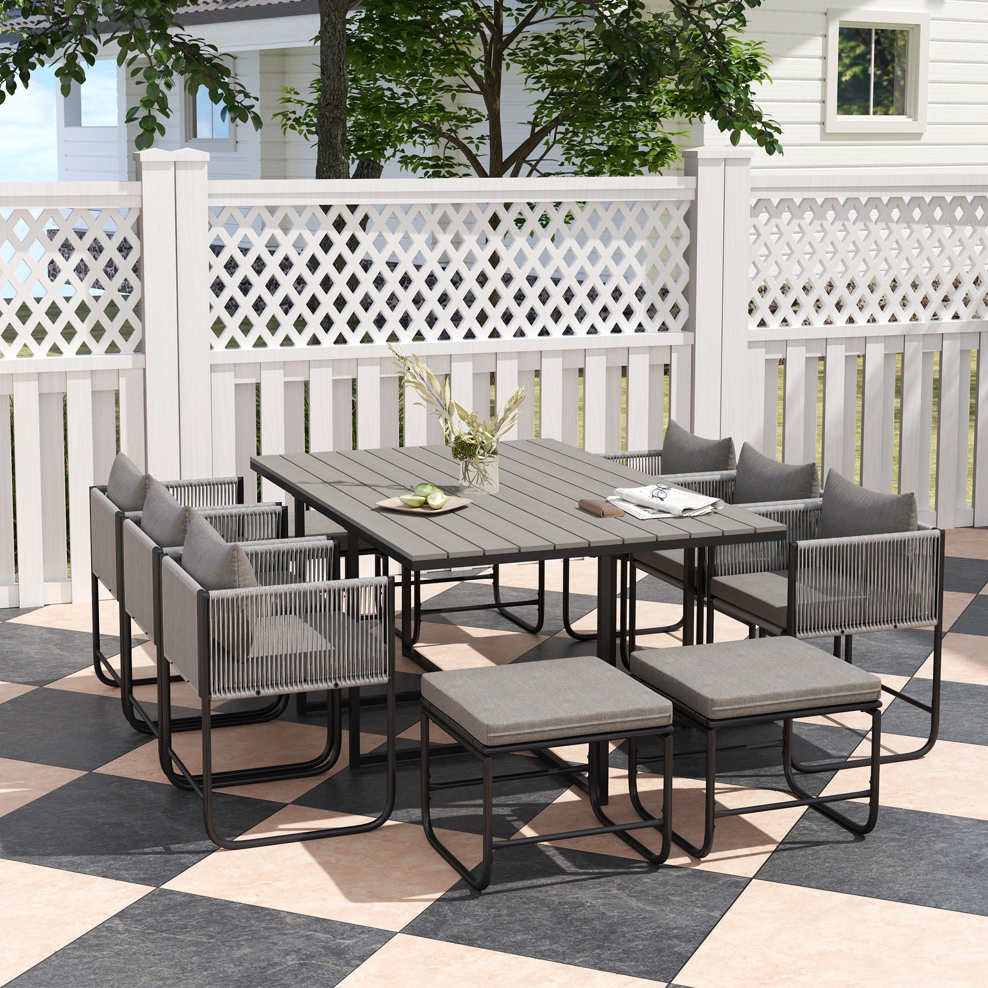 Outsunny 10 Seater Rattan Cube Garden Furniture Set, Rattan Dining Set with Cushions, Outdoor Dining Table and Chairs with 6 Armchairs, 4 Stools, Rectangular Wood Grain Plastic Top Table, Grey