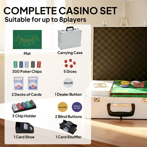 SPORTNOW 300-Piece Poker Chips Set with Card Shuffler, Card Shoe, Case, Casino Texas Holdem Poker Set with Mat, Silver Tone