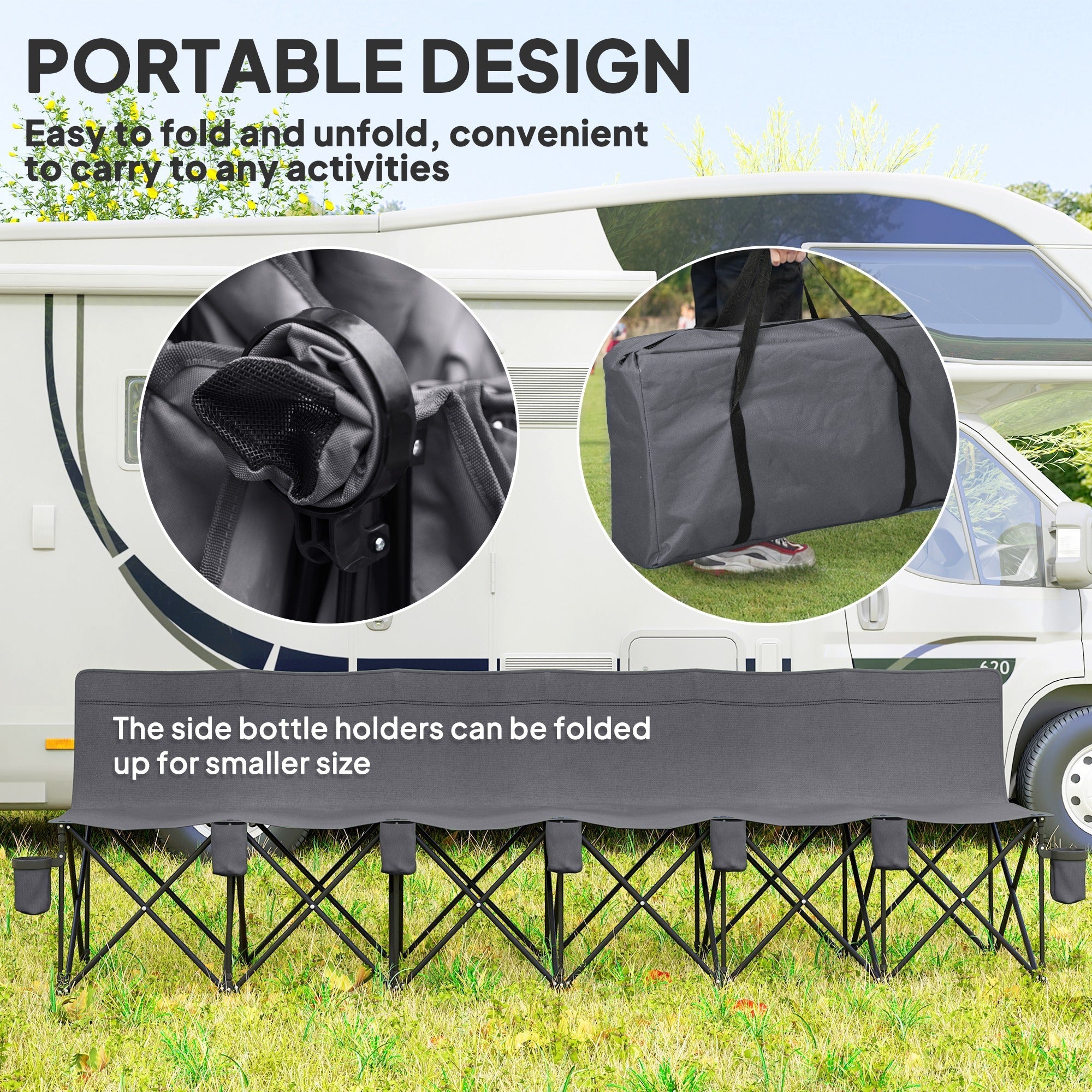 Outsunny 6 Seater Folding Camping Chair with Cup Holder & Carry Bag - Charcoal Grey