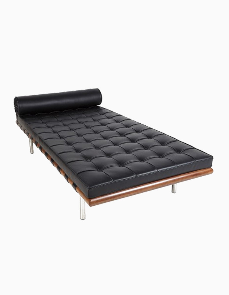 Barcelona Style Daybed, White Leather, Wood Frame