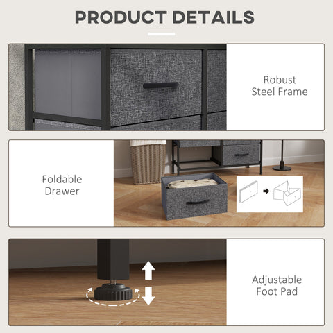 HOMCOM Fabric Chest of Drawers, Storage Drawers, Industrial Bedroom Dresser with 8 Fabric Drawers, Steel Frame and Wooden Top for Nursery, Living Room, Hallway, Black