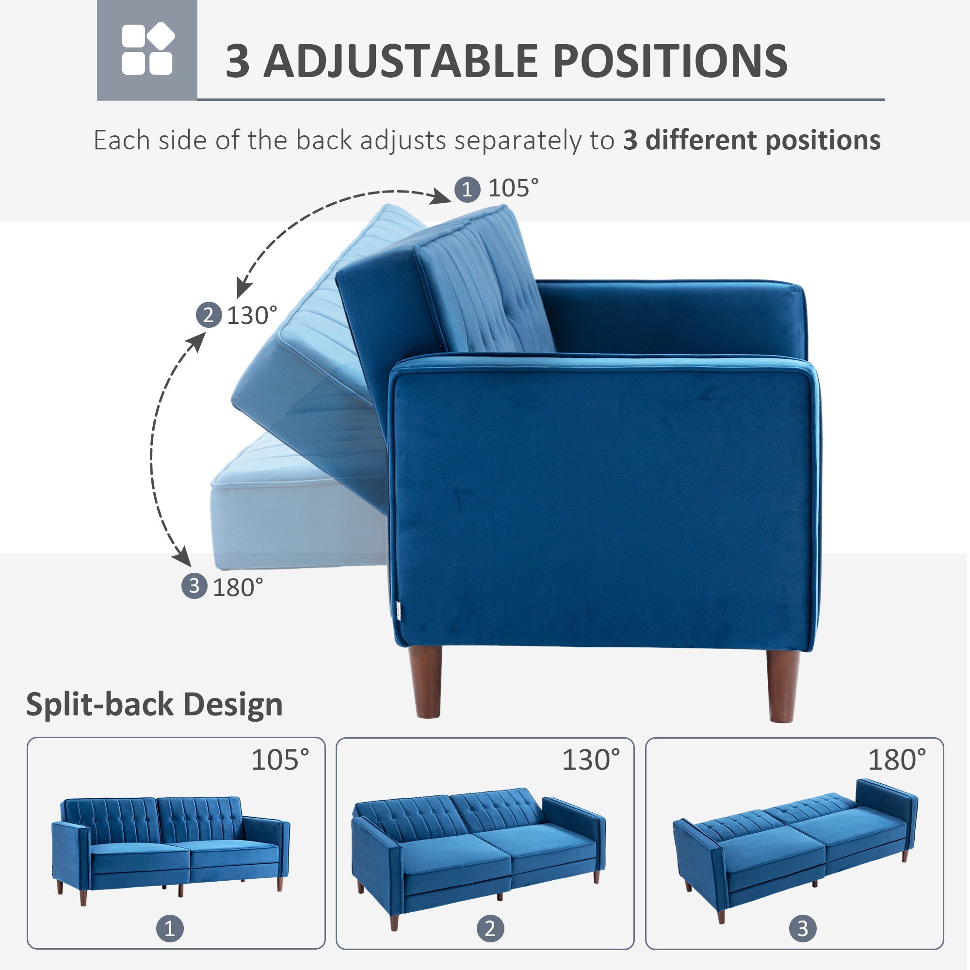 HOMCOM Velvet-Feel Three-Seater Sofa Bed - Blue