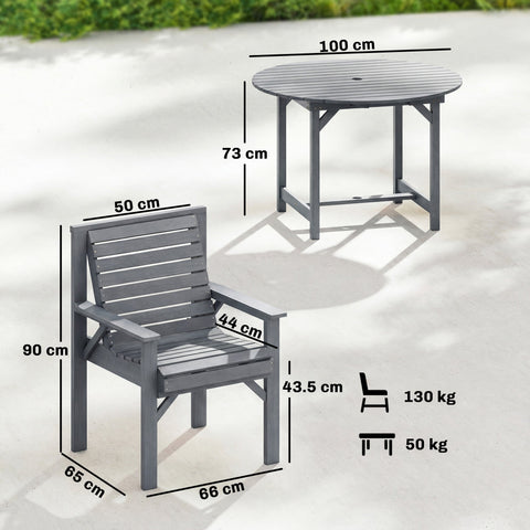 Outsunny 5 Pieces Garden Dining Set with Parasol Hole, Round Outdoor Table and Chairs, 4 Seater Wooden Garden Furniture, Grey