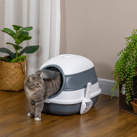 PawHut Foldable Cat Litter Tray with Lid, Deodorant, Scoop, White