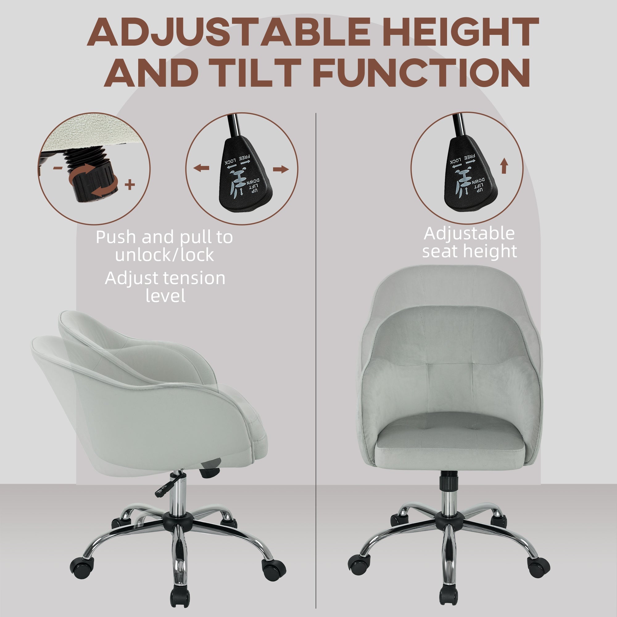 HOMCOM Velvet-feel Swivel Office Chair - Grey