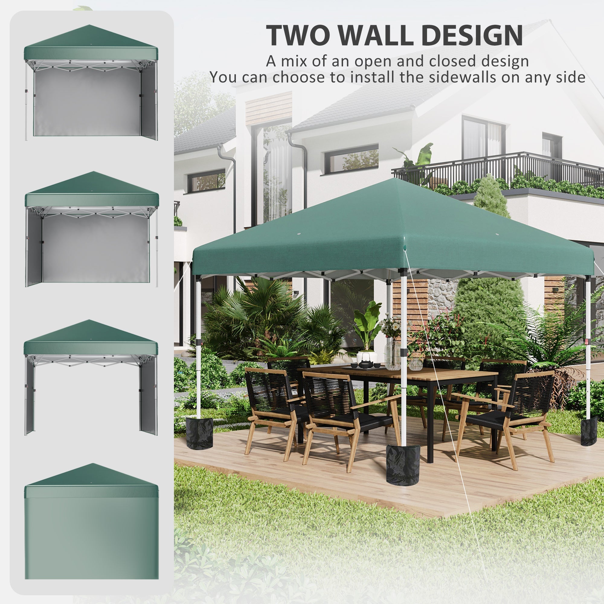 Outsunny 3 x 3 (M) Pop Up Gazebo, UPF 30+ with 2 Sidewalls, Leg Weight Bags and Wheeled Bag, Height Adjustable Party Tent Event Shelter for Garden, Patio, Green