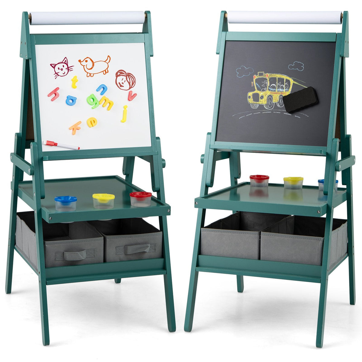 Double-sided Kids Easel with Magnetic Whiteboard and Chalkboard-Dark Green