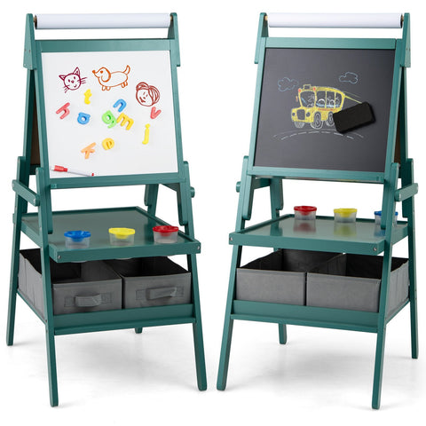 Double-sided Kids Easel with Magnetic Whiteboard and Chalkboard-Dark Green