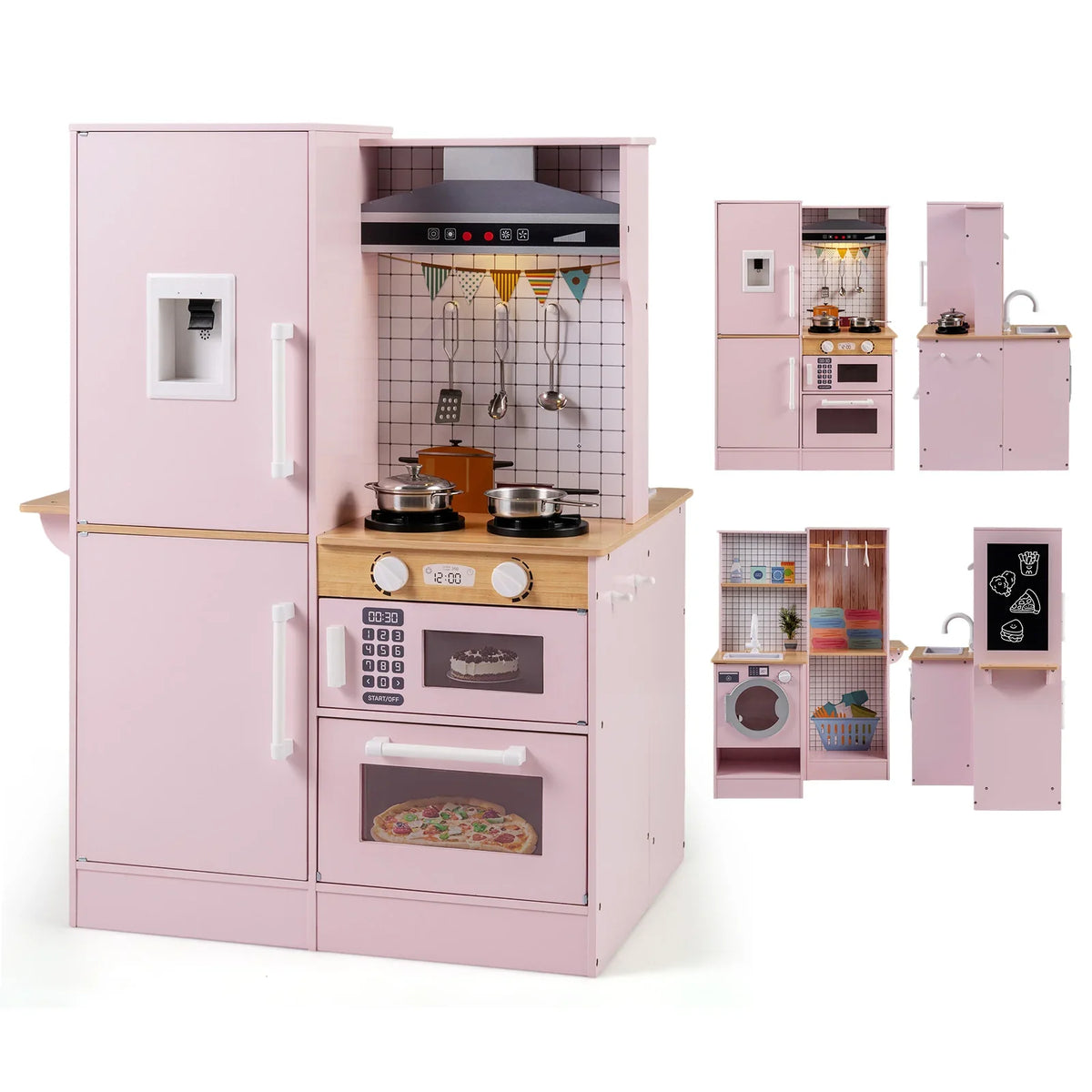 Dual-Sided Kids Play Kitchen with Water Dispenser and Range Hood for 3+ Years Old-Pink