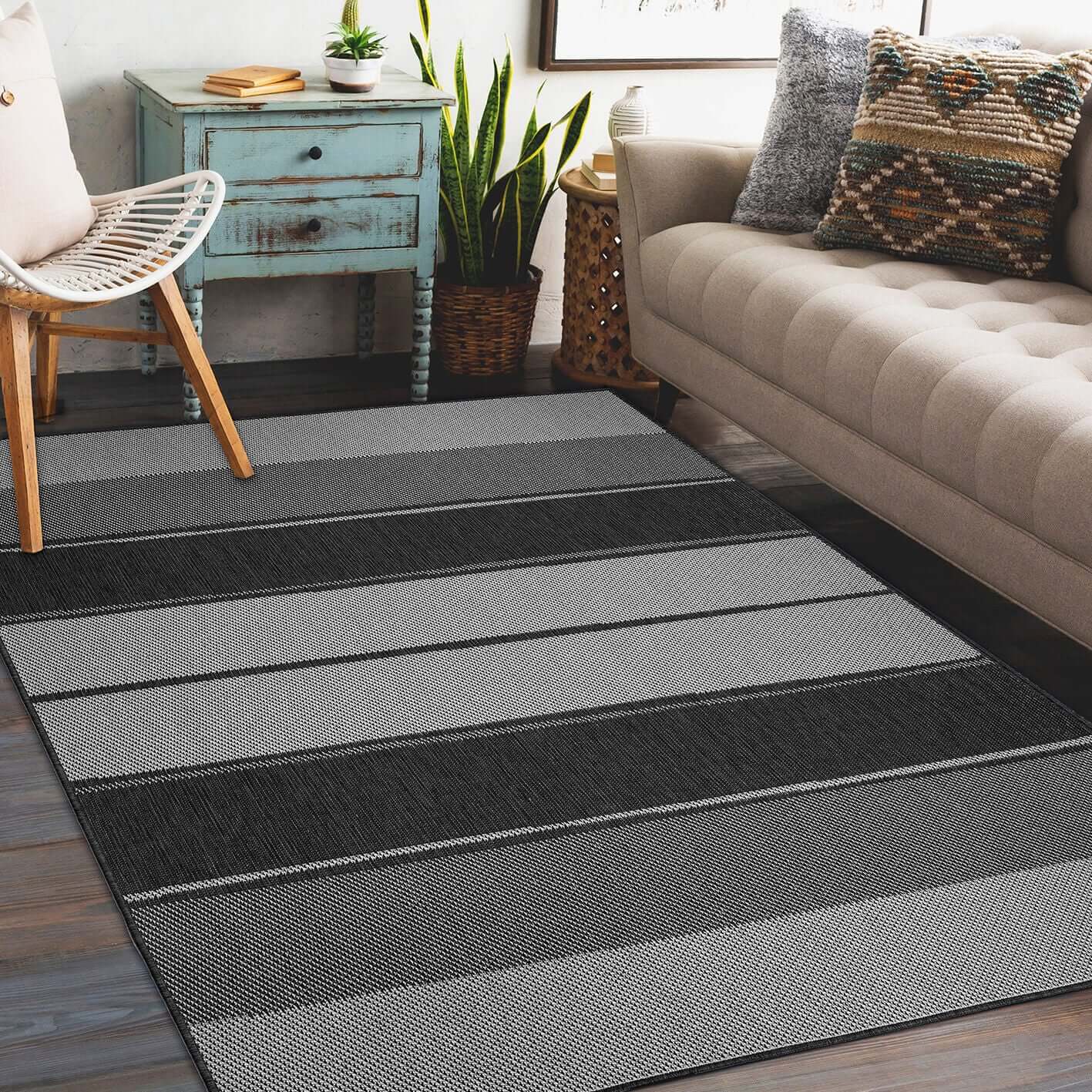 Duo Weave Outdoor Rug Black&Orange Stripes