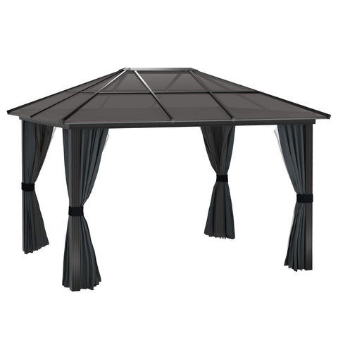 Outsunny 3 x 3.6m Hardtop Gazebo Canopy with Polycarbonate Roof, Aluminium Frame, Permanent Pavilion Garden Gazebo with Netting and Curtains for Patio, Deck, Dark Grey