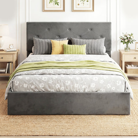 HOMCOM Double Bed Frame Gas Side Lift Under Bed Storage Upholstered Platform Bed Tufted Headboard for 140 x 190 cm Mattress
